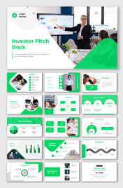 Investor pitch deck PPT with a green and white theme, including slides for agenda, problem, solution, and market analysis.