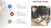 Agenda slide with numbered sections in blue, red, and green circles and a photo of two professionals reviewing notes.