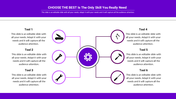 Mechanical engineering layout with a purple gear connected to icons like a knife, wrench, and hammer, with caption areas.