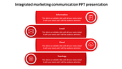 Layered red communication template with four segments, circular icons on alternating sides, and text placeholders inside.