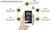Mobile app PPT slide showcasing icons from phone to tumblr, with images displayed on a smartphone and placeholder text.