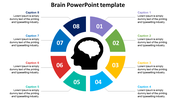 A PowerPoint template featuring a circular brain diagram with numbered segments and captions around the brain illustration.
