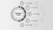 Monochrome process flow infographic featuring gray gears radiating from a central hub with linked captions.