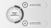 Monochrome process flow with two gray gears branching out to caption boxes on a minimalist background.
