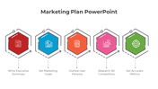 Marketing plan slide with five colorful hexagonal icons in red, blue, orange, pink, and green, with text and icons.