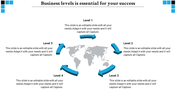 Business slide with blue arrows connecting five levels, in a circular format around a world map background.