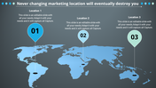Map infographic with blue and green location markers labeled 01 to 03, showing marketing locations.