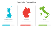 Country maps of the UK, Germany, and Italy in blue, red, and green, each labeled with percentage progress bars.