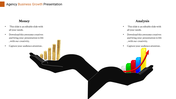 Business growth comparison slide black hand holding gold coin stacks labeled money and another holding a bar chart.