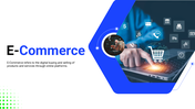 E-Commerce PowerPoint template covering overview, growth stats, business models, customer journey, technology, and benefits.