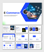 E-Commerce PowerPoint template covering overview, growth stats, business models, customer journey, technology, and benefits.