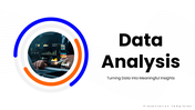 Data Analysis slides, blue-orange theme, dashboard charts, circular shapes, icons, and clean structured text boxes layout.