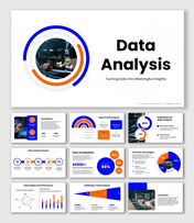 Data Analysis slides, blue-orange theme, dashboard charts, circular shapes, icons, and clean structured text boxes layout.