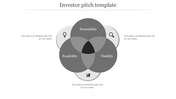 Investor pitch PowerPoint template with a grey Venn diagram showing Desirability, Feasibility, and Viability with icons.