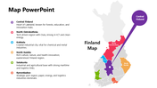 Finland Map Presentation PowerPoint with colorful regions, city labels, and text details for each highlighted area.