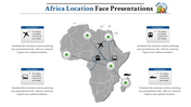 Map of Africa with various icons indicating travel locations connected by dotted lines, surrounded by caption areas.