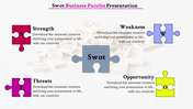 SWOT analysis graphic featuring four labeled puzzle pieces in red, blue, pink, and yellow connected to a central gray piece.