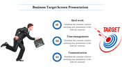 businessman running with a briefcase towards a target icon on the right, and three blue numbered circular icons.