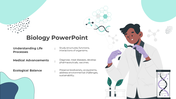 Illustration of a scientist handling a plant sample in a laboratory, with molecular and DNA themed graphics with text.