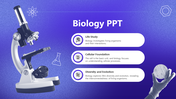 Biology PPT template with a microscope and concepts like life study, cellular foundation, and evolution on a violet backdrop.