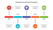 Timeline slide displaying events from 2018 to 2022 with icons for each year and placeholder text for descriptions.