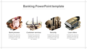 Slide showcasing banking themes with four images in a paint stroke backdrop, with text below.