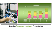 Technology slide showing a person managing server cables on the left and a stacked bar chart with three series.