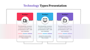 Three column design with red, blue, and purple headings and matching technology-related icons.