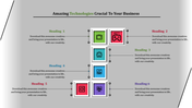 Technology PowerPoint slide featuring six icons TV, gaming, robot, notebook, camera, and graph, each with headings.