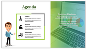 Agenda slide with an illustrated person pointing a text box and a green gradient laptop image on the right.