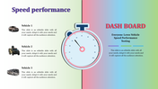 Speed performance slide with a stopwatch illustration at the center, and three icons with text on a gradient backdrop.