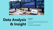 Data analysis presentation template with dashboards, charts, insights, forecasting visuals and business reports overview.