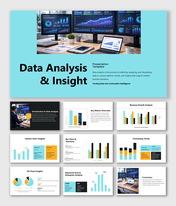 Data analysis presentation template with dashboards, charts, insights, forecasting visuals and business reports overview.