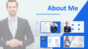About Me slide featuring professional images and profiles, with sections on a blue backdrop.