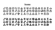 A collection of black and white icons featuring business, communication, and technology related symbols on a white theme.