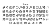 A collection of black icons, including technology, business, and social media symbols on a white backdrop.