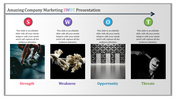 SWOT analysis slide with vibrant colors and images illustrating the four key categories in a structured format.