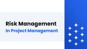 Risk Management In Project Management slides with blue theme, risk matrix chart, framework steps and planning.