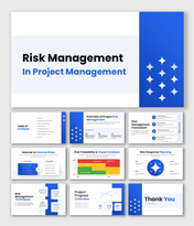 Risk Management In Project Management slides with blue theme, risk matrix chart, framework steps and planning.