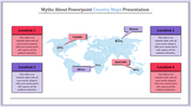 World map with highlighted locations and percentage data, paired with four labeled boxes in pink and purple.