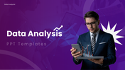 The data analysis PPT presentation showing analyst, data graphs, dashboards, and insight-driven decisions.