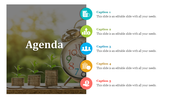 Agenda slide with a clock, coin stacks growing into plants on the left, and five caption sections with colorful icons.