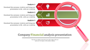 A slide with a magnifying glass and three analysis steps, featuring icons for ideas, financial graphs, and partnerships.
