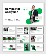 Competitor analysis presentation template with insights, key players, strategies, pricing, and performance metrics slides.