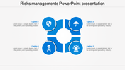 Risk management chart with a circular blue layout, four icons inside segments, and text placeholders around it.