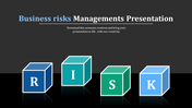 Business risks management slide with four 3D cubes, each featuring a letter from risk on a dark background.