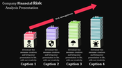 Financial risk levels represented by four stacks with red, purple, green, and blue colors and relevant safety icons.