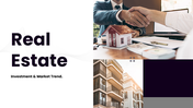 Real Estate presentation slides with handshake, house model, building photos, charts, icons, text boxes, purple theme.