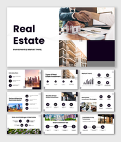 Real Estate presentation slides with handshake, house model, building photos, charts, icons, text boxes, purple theme.