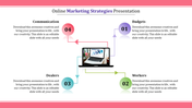 Infographic on marketing strategies with a central laptop graphic and four connected circles numbered 01 to 04.